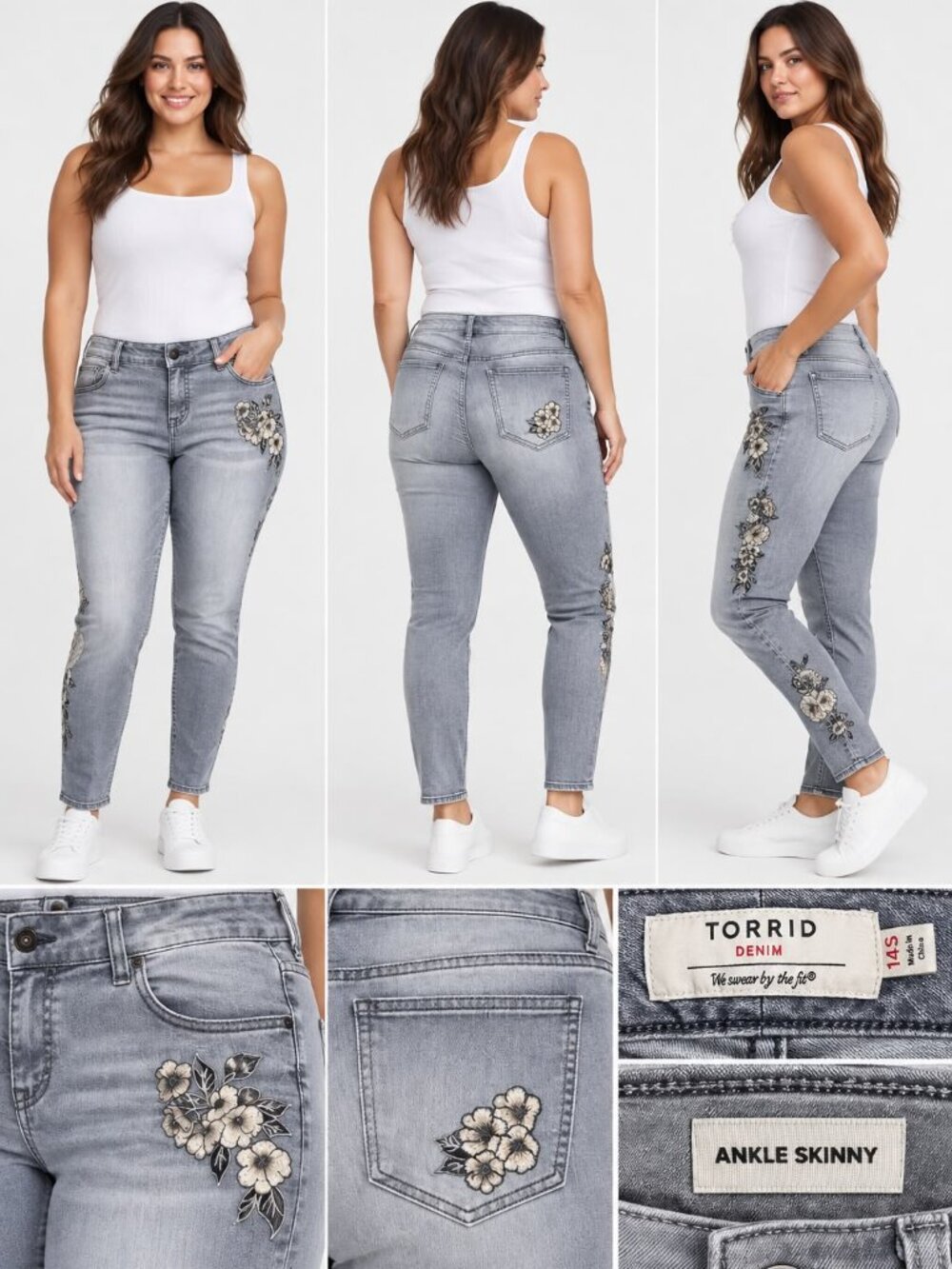Torrid Women’s 14S Gray Floral Embroidered Ankle Skinny Stretch Jeans